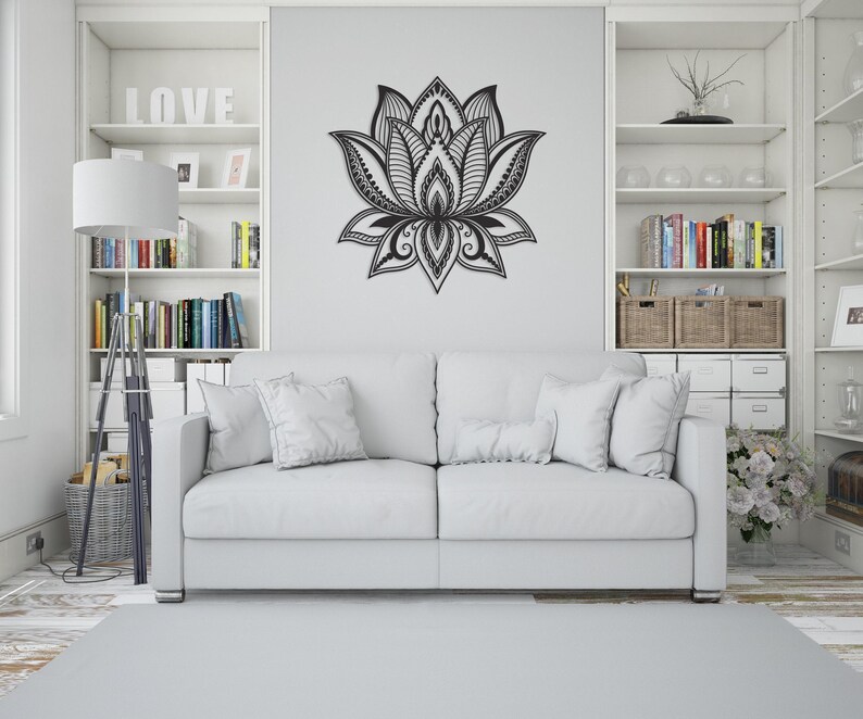Grande decorazione da parete in metallo con mandala e fiore di loto, decorazione da parete in metallo con fiore di loto, arte yoga, decorazione da parete per la camera da letto, decorazione sopra il letto, regalo di inaugurazione della casa immagine 3