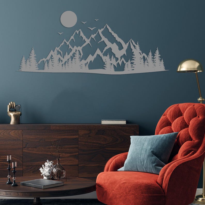 Outdoor inspired black metal wall art with mountain scenery