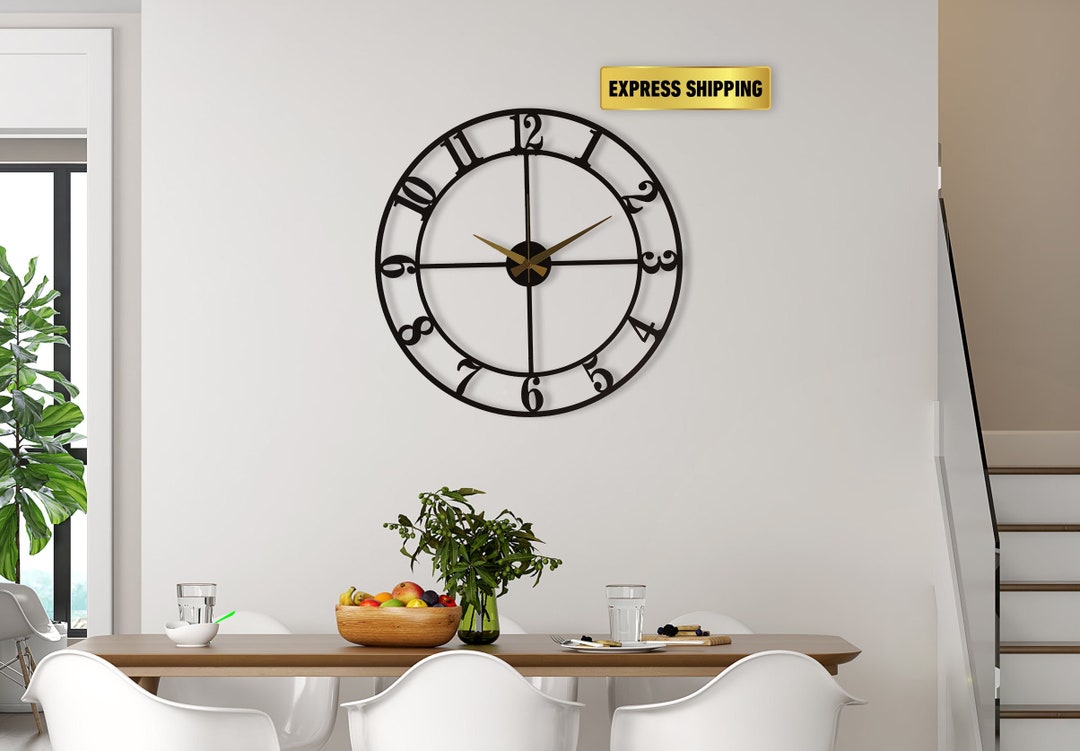 Modern Oversize Silent Wall Clock Black Metal Large Wall