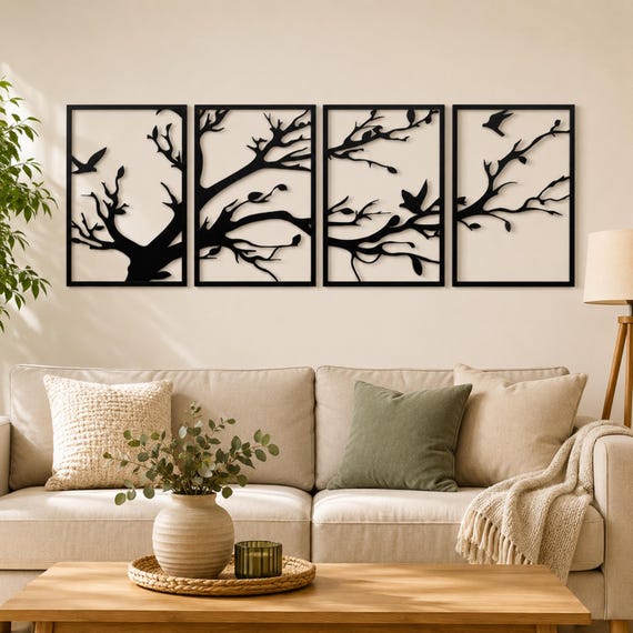 Metal Tree Wall Decor 4 Panels, Tree of Life Wall Art, Tree Wall
