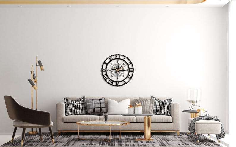 Black Nord Large Wall Clock, Compass Oversize Silent Wall Clock, Modern Wall Clock Art ,Unique Home Decor ,Horloge Murale ,Housewarming Gift image 5
