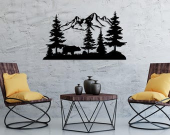 Decoración de pared metálica con motivos de montaña, árboles y fauna silvestre, decoración de montaña con oso, arte mural grande de colina, decoración de naturaleza y bosque, regalo para amantes de la naturaleza.