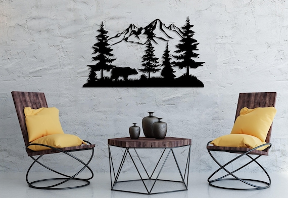 Mountain and Trees Wildlife Metal Wall Decor, Bear Mountain Decor, Hill Large Wall Art, Nature and Forest Decor, Outdoor Lover Gift for Men