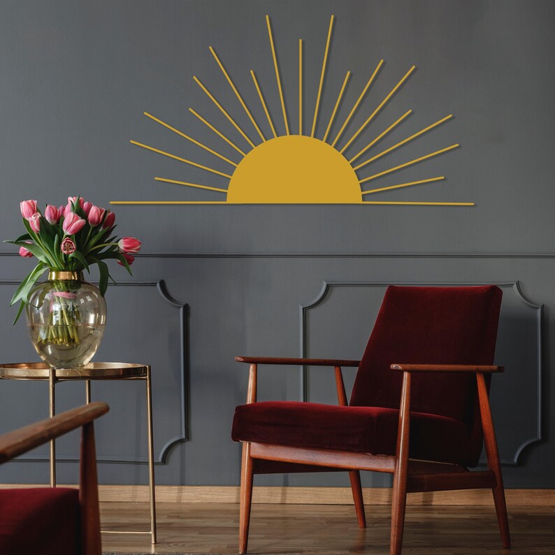 Sun Metal Wall Art, Sun Boho Wall Art, Minimalist Sun Lovers Gift, Gold Sunrise Home Decor, Sun Home Decor Gift Idea, Modern Metal Sun Art image 9