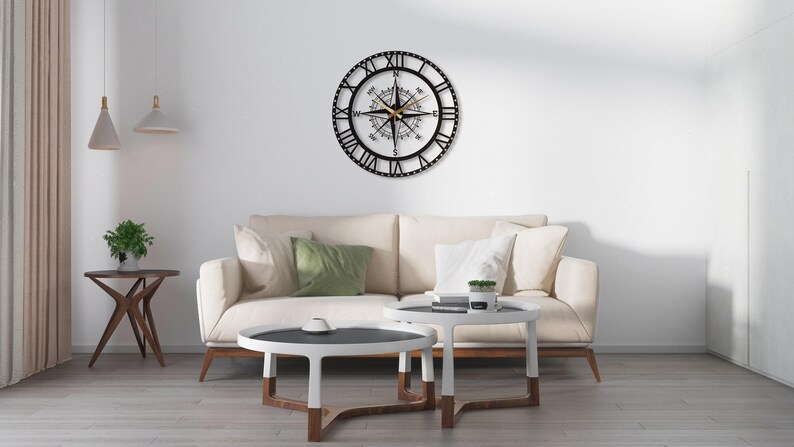 Black Nord Large Wall Clock, Compass Oversize Silent Wall Clock, Modern Wall Clock Art ,Unique Home Decor ,Horloge Murale ,Housewarming Gift image 6