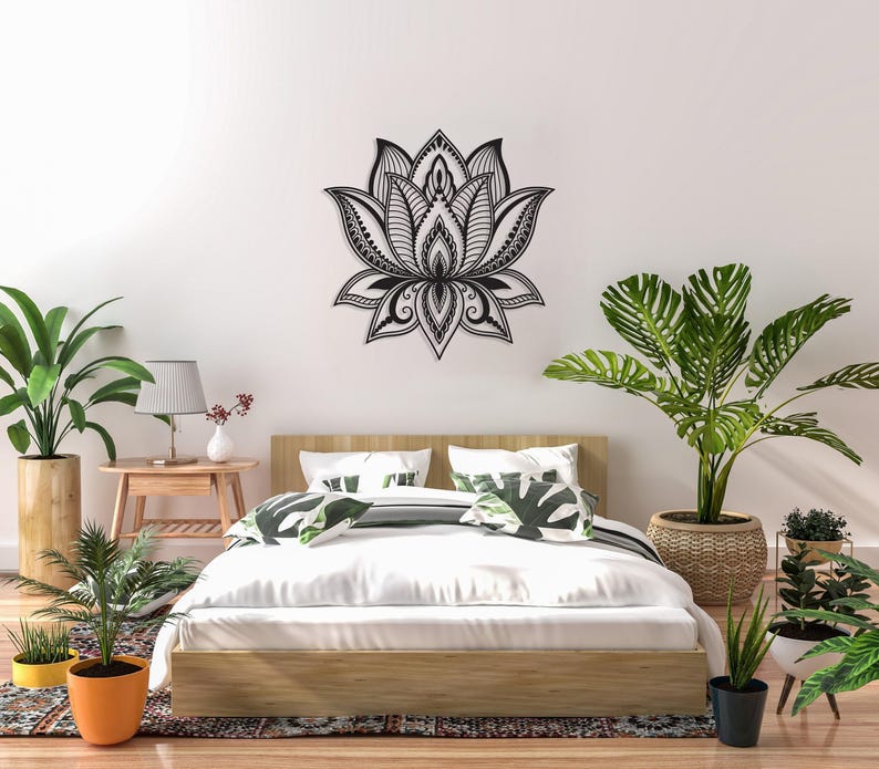 Grande decorazione da parete in metallo con mandala e fiore di loto, decorazione da parete in metallo con fiore di loto, arte yoga, decorazione da parete per la camera da letto, decorazione sopra il letto, regalo di inaugurazione della casa immagine 2