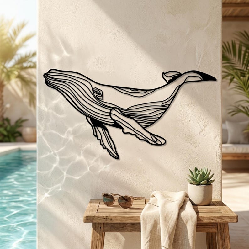 Whale Metal Wall Art, Large Blue Whale Wall Decor, Ocean Themed Modern Design Art,Nautical Decor,Unique Home Decor,Living Room Wall Art Gift Black