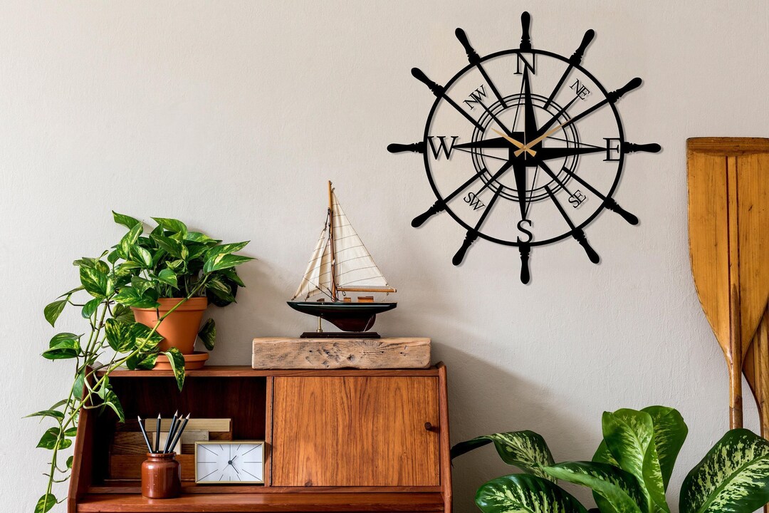Compass Metal Wall Clock, Black Rudder Nautical Theme Wall Clock ...