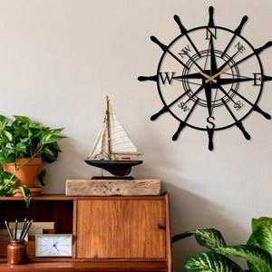 Compass Metal Wall Clock, Black Rudder Nautical Theme Wall Clock, Modern Large Silent Wall Clock, Compass Wall Art,Wanduhr,Housewarming Gift