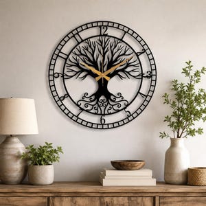 Tree of Life Metal Wall Clock, Black Large Wall Clock, Tree Clock, Silent Mid-Century Wall Clock,Modern Living Room Clock Art,Horloge Murale