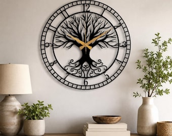 Tree of Life Metal Wall Clock, Black Large Wall Clock, Tree Clock, Silent Mid-Century Wall Clock,Modern Living Room Clock Art,Horloge Murale