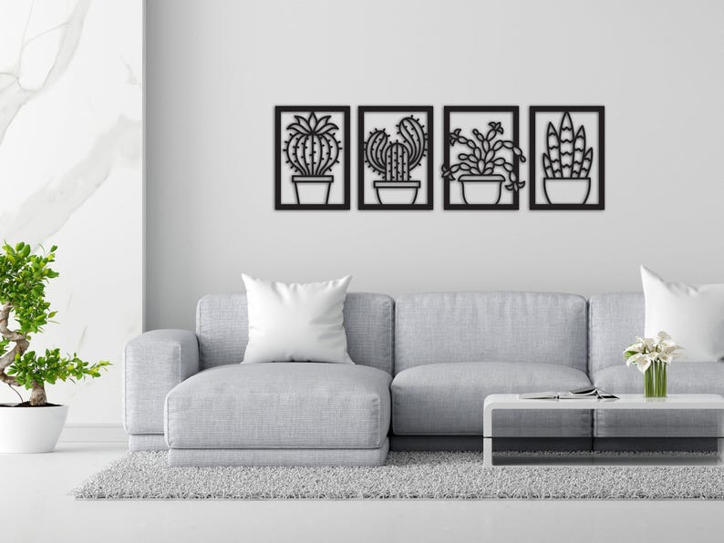 Arte de cactus en metal, 4 piezas de decoración de pared de cactus en metal, arte decorativo para el hogar, adornos de pared, regalo de inauguración de casa, decoración de sala de estar, letrero de cactus imagen 6