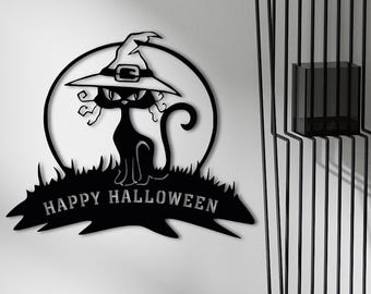 Zwarte kat Halloween kunst aan de muur, Halloween kat cadeau, heksenhoed kat muur decor voor Spooky Home, indoor Halloween teken, Gothic Home muur decor