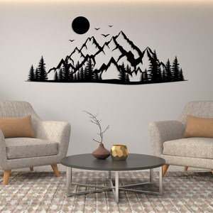 Metal wall decor featuring mountains trees and moon scene
