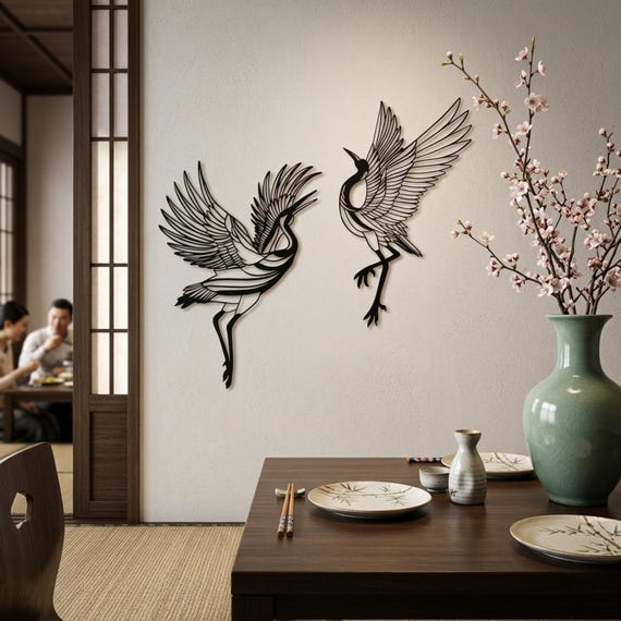 Metal Cranes Wall Art Set of 2, Crane Birds Decor, Unique Living Room Decor, Birds Wall Hanging, Outdoor Wall Decor, Birds Large Wall Art