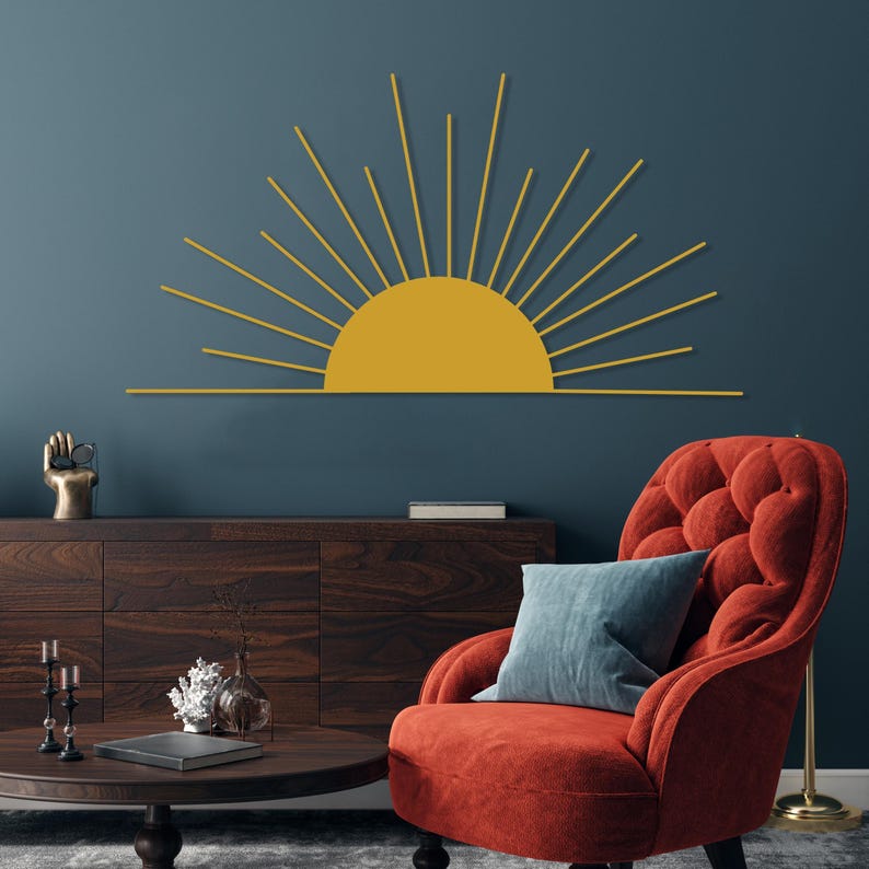 Sun Metal Wall Art, Sun Boho Wall Art, Minimalist Sun Lovers Gift, Gold Sunrise Home Decor, Sun Home Decor Gift Idea, Modern Metal Sun Art image 3
