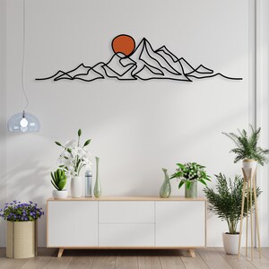 Minimalist Mountain Wall Art, Modern Boho Metal Wall Decor, Large Mountain Range, Gold Sun Black Mountain Above Bed Decor, Mid-Century Art image 3