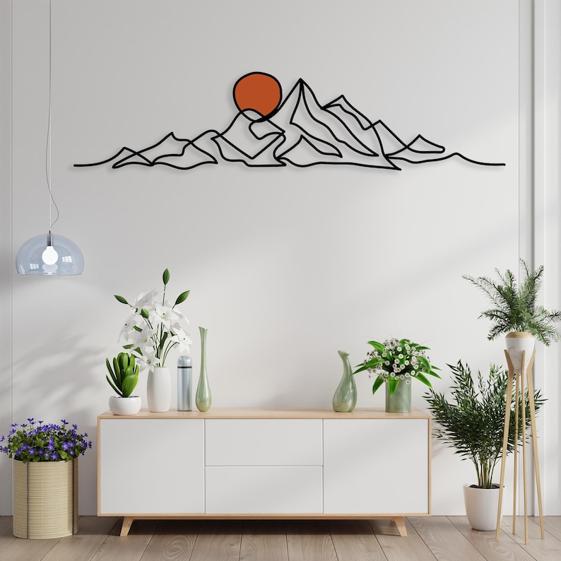 Minimalist Mountain Wall Art, Modern Boho Metal Wall Decor, Large Mountain Range, Gold Sun Black Mountain Above Bed Decor, Mid-Century Art image 3