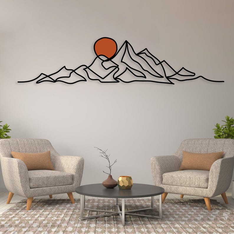 Minimalist Mountain Wall Art, Modern Boho Metal Wall Decor, Large Mountain Range, Gold Sun Black Mountain Above Bed Decor, Mid-Century Art image 6