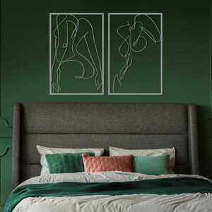 Naked Woman Body Wall Art Set of 2, Metal Bathroom Wall Decor, Minimalist Female Body Bedroom Decor, Feminine One Line Art, Above Bed Decor Silver