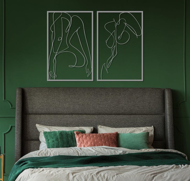 Naked Woman Body Wall Art Set of 2, Metal Bathroom Wall Decor, Minimalist Female Body Bedroom Decor, Feminine One Line Art, Above Bed Decor Silver