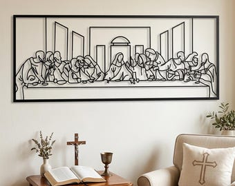 Jesus Last Supper Metal Wall Art by Leonardo Da Vinci Artwork, Religious Decor, Christian Metal Gift, Jesus Line Art, Christian Home Decor