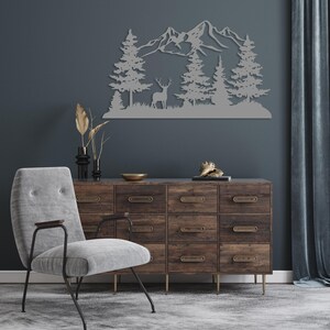Mountain and Forest with Deer Metal Wall Decor, Hill and Trees Large Wall Art, Nature and Forest Decor, Outdoor Lover Gift, Home Decoration Silver