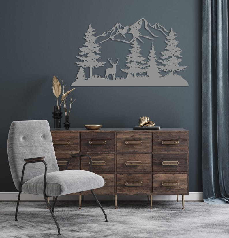 Mountain and Forest with Deer Metal Wall Decor, Hill and Trees Large Wall Art, Nature and Forest Decor, Outdoor Lover Gift, Home Decoration Silver