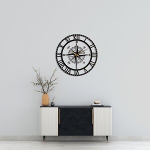 Black Nord Large Wall Clock, Compass Oversize Silent Wall Clock, Modern Wall Clock Art ,Unique Home Decor ,Horloge Murale ,Housewarming Gift image 2