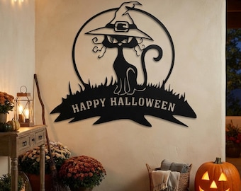 Black Cat Halloween Wall Art, Halloween Cat Gift, Witch Hat Cat Wall Decor for Spooky Home, Indoor Halloween Sign, Gothic Home Wall Decor