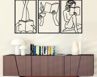 Bookish Metal Wall Art Set of 3, Book Lover Gift, Woman Reading Book Decor,Bookworms Gift,Female Body Minimalist Line Art,Library Wall Decor