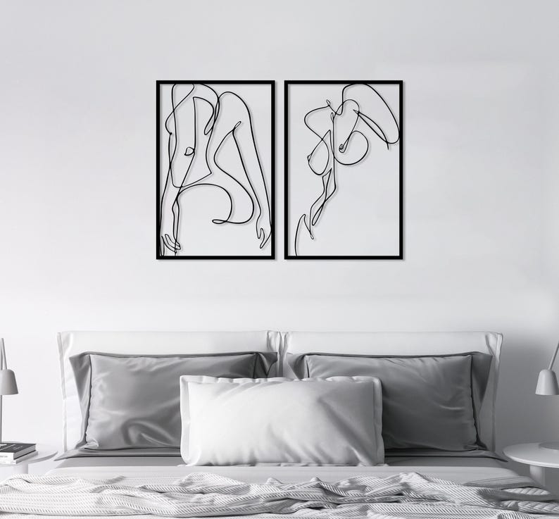 Naked Woman Body Wall Art Set of 2, Metal Bathroom Wall Decor, Minimalist Female Body Bedroom Decor, Feminine One Line Art, Above Bed Decor image 2