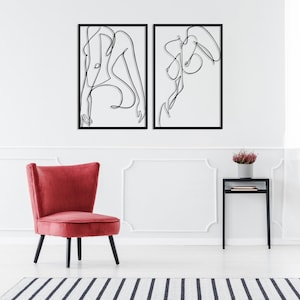 Naked Woman Body Wall Art Set of 2, Metal Bathroom Wall Decor, Minimalist Female Body Bedroom Decor, Feminine One Line Art, Above Bed Decor image 5