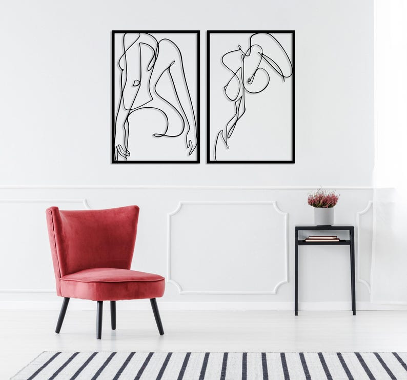 Naked Woman Body Wall Art Set of 2, Metal Bathroom Wall Decor, Minimalist Female Body Bedroom Decor, Feminine One Line Art, Above Bed Decor image 5