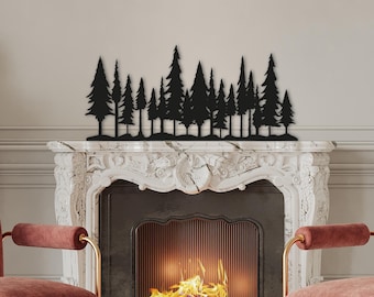 Metal Pine Tree Forest Decor, Fireplace Mantel Gift, Black Steel Nature Panel Above Mantel, Nature Lover Home Decor Gift, Forest Home Decor