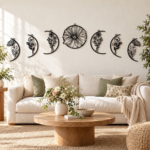 Bloemen en maanfase wanddecoratie, metalen wanddecoratie met maanfase, boho woondecoratie, decoratie boven het bed, bloemen en maan wanddecoratie voor de slaapkamer, housewarming cadeau