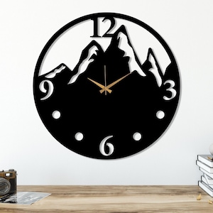 Black Mountain View Large Wall Clock, Modern Design Silent Wall Clock, Unique Home Decor Art, Farmhouse Wall Clock, Wanduhr, Horloge Murale Negro