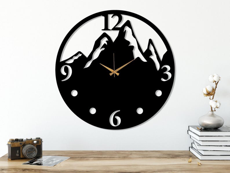 Black Mountain View Large Wall Clock, Modern Design Silent Wall Clock, Unique Home Decor Art, Farmhouse Wall Clock, Wanduhr, Horloge Murale Negro