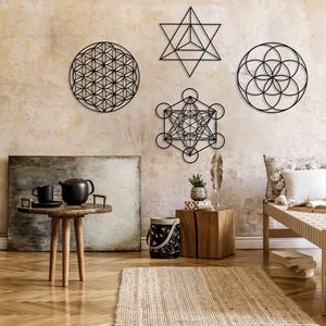 Sacred Geometry Metal Wall Art Set of 4, Home Meditation Metal Yoga Wall Decor, Zen Metal Home Decor, Flower of Life, Metatron Cube Wall Art Black