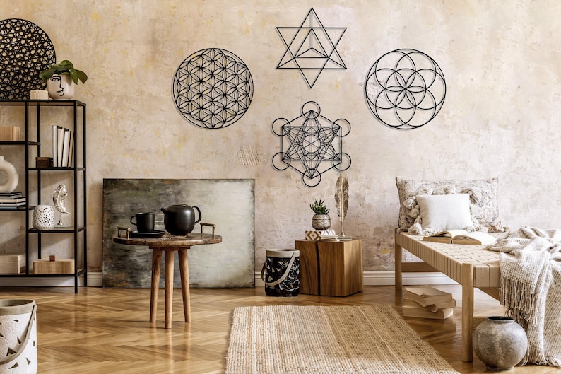 Sacred Geometry Metal Wall Art Set of 4, Home Meditation Metal Yoga Wall Decor, Zen Metal Home Decor, Flower of Life, Metatron Cube Wall Art Black