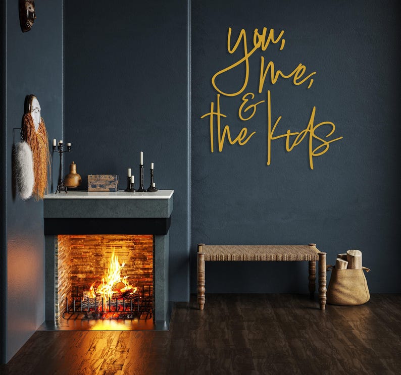 You Me and the Kids Wall Sign, Cursive Family Sign, Family Gift, Boho Home Decor, Minimalist Living Room Art, Quote Decor, Bedroom Wall Sign Gold