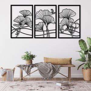 Ginkgo Blumen 3 Stück Metall Wandkunst, große Blumen Wandkunst, Ginkgo Blätter gerahmt Wandbehänge, einzigartiges Wohndekor, minimalistisches Wanddekor