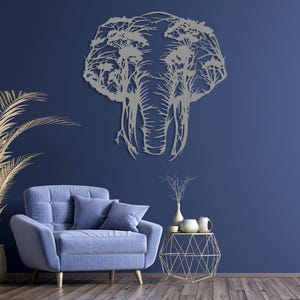Elephant Tree Metal Wall Art, Safari Animals Wall Decor, Africa Wall Art, Livingroom Wall Hanging, Outdoor Metal Wall Art,Wildife Lover Gift Silver