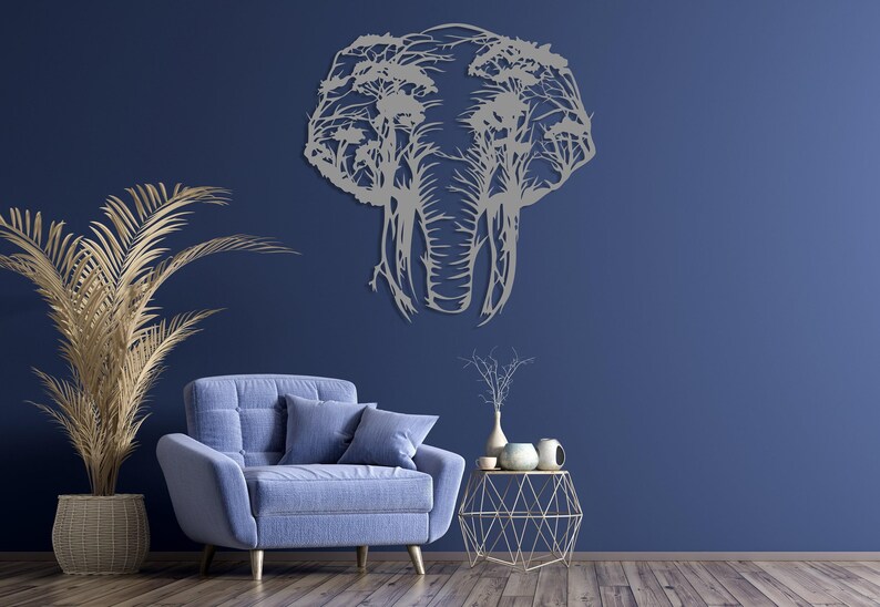 Elephant Tree Metal Wall Art, Safari Animals Wall Decor, Africa Wall Art, Livingroom Wall Hanging, Outdoor Metal Wall Art,Wildife Lover Gift Silver