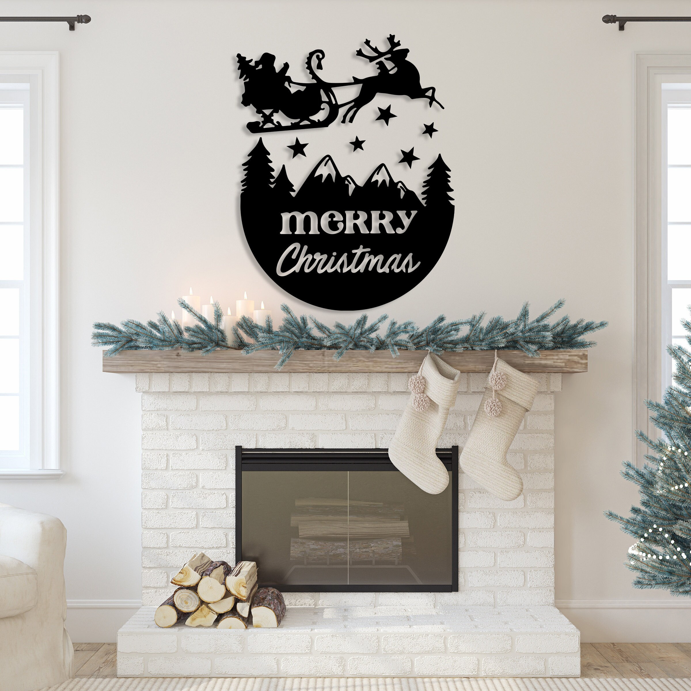 Merry Christmas and Santa Metal Wall Art Set of 2, Santa's Sleigh, Santa's Deer Wall Sign, Gifts for Christmas, Large Merry Christmas Sign