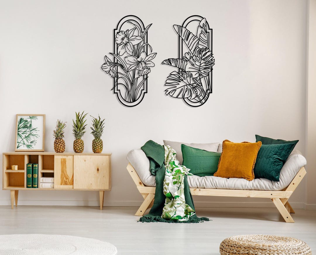 Set of 2 Poppy Flowers Metal Wall Art, Tropical Leaves Minimalist Metal ...