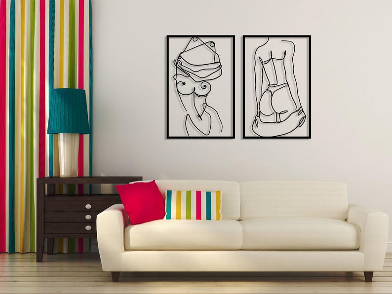 Conjunto de 2 cuadros de metal con cuerpos femeninos desnudos, decoración de pared minimalista con figuras femeninas desnudas, regalo ideal, arte de pared con desnudo femenino, decoración para dormitorio. imagen 10