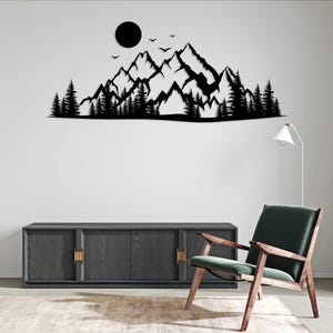 Black metal mountain forest wall art with modern nature design
