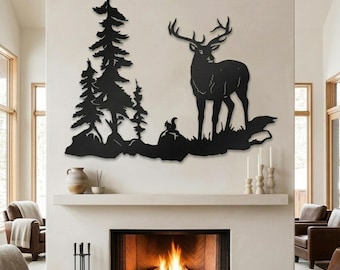 May include: A black metal wall art piece featuring a silhouette of a large stag with antlers standing next to two pine trees and a small squirrel. The design is flat and cut from a single sheet of metal, displaying a forest scene.
