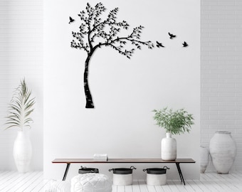 金属製のツリーバードウォールアート、ツリーデコレーションウォールハンギング、枝にとまる鳥のウォールアート、鳥のサイン付きツリー、リビングルームウォールアート、屋外ホームデコレーション